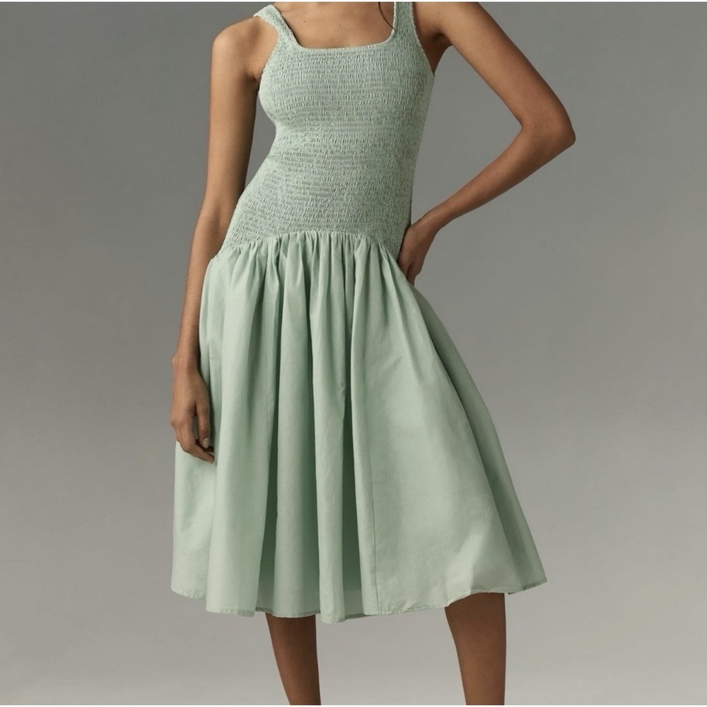 Anthropologie Hutch Dress Women XS Smocked Dropped Waist Midi Sleeveless Ballet